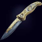 Складной нож «Охота на утку» с дамасским лезкием и позолоченной ручкой из латуни